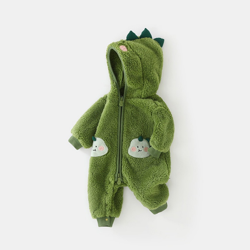 Baby Double Sided Plush Green Baby Dinosaur Long Sleeve Romper