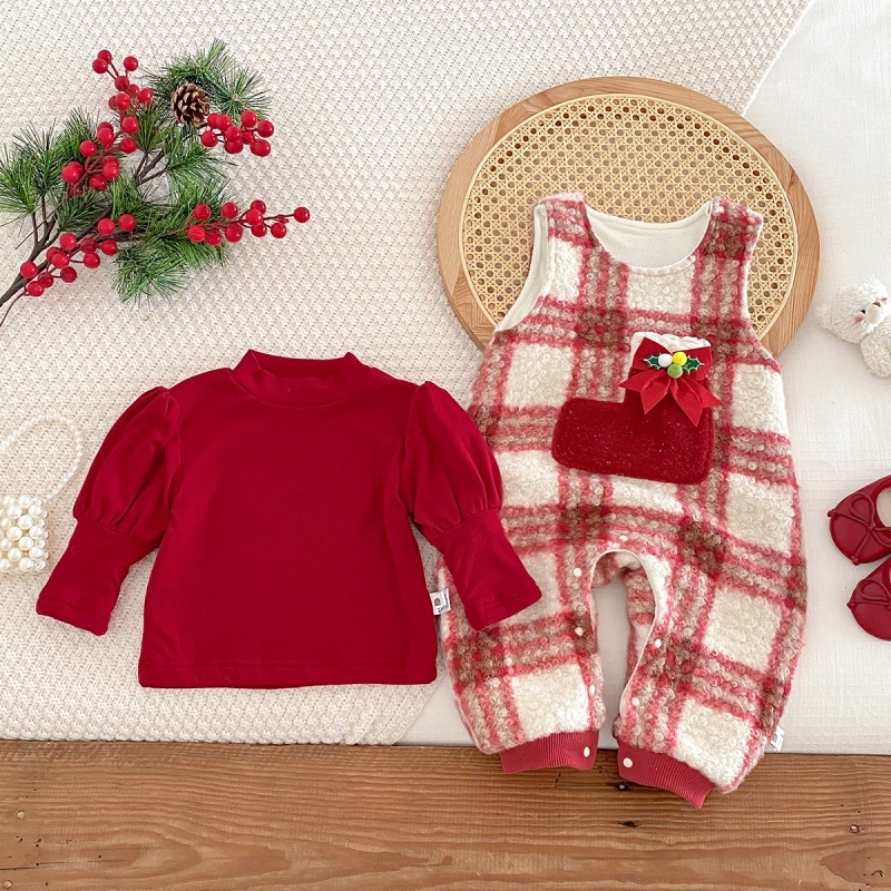 2pcs Baby Girl Christmas Padded Romper Set