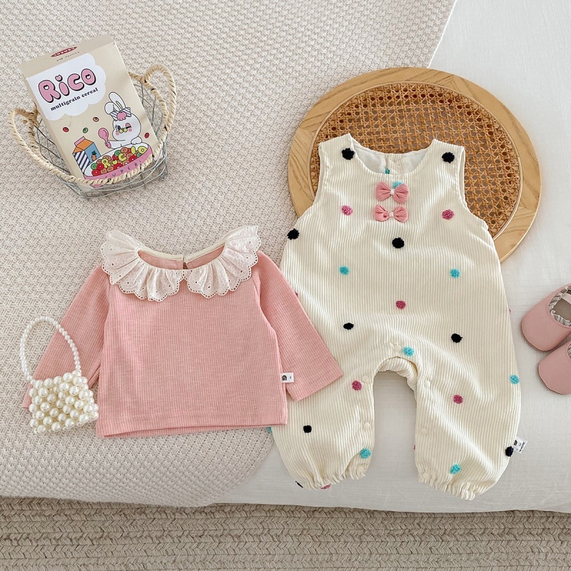 2pcs Baby Girl Cute and Sweet Corduroy Colourful Dots Bow Tie Romper Set