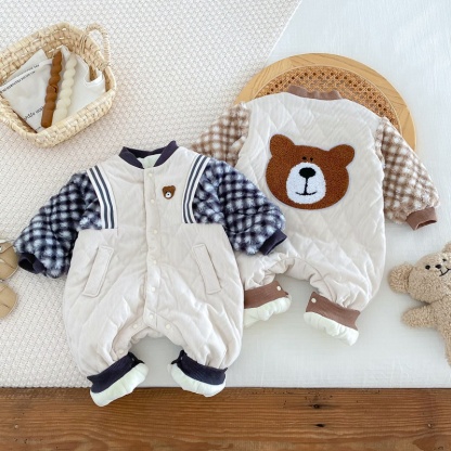 Baby Cartoon Cute Bear Plaid Sleeve Romper