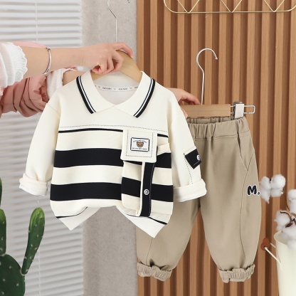 2pcs Baby Boy Cartoon Striped Sweatshirt Long Sleeve Lapel Set