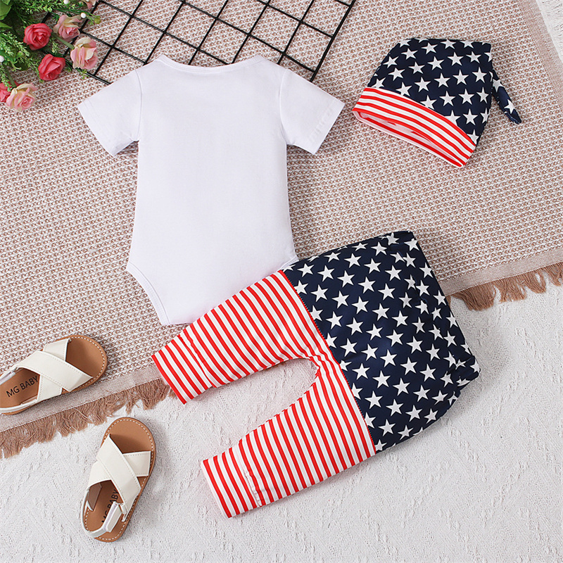 [Copy]Baby Boys Independence Day Letters Bodysuit + long pants + hat three-piece suit