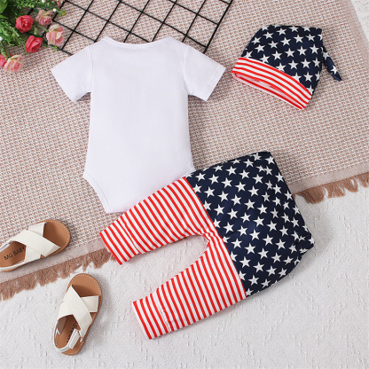 [Copy]Baby Boys Independence Day Letters Bodysuit + long pants + hat three-piece suit