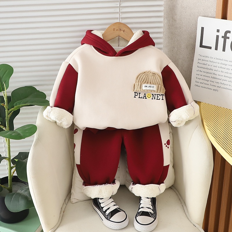 2pcs Baby Boy Thickened Padded Cute Bear Hooded Set