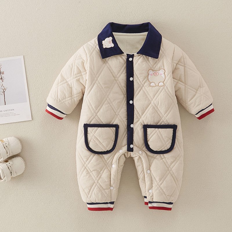 Baby Boy Cute Bear Diamond Check Pocket Romper