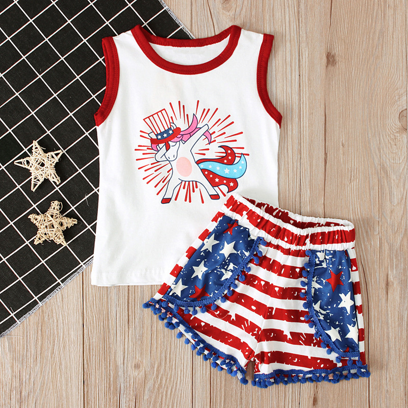 2pcs Baby Girl American Independence Day Unicorn Stripe Sleeveless T-shirt with Pant Set