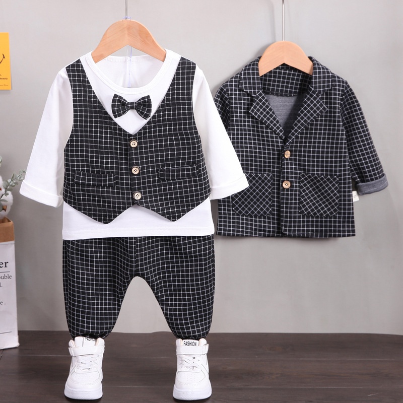 3pcs Baby Boy Plaid Suit Vest Set