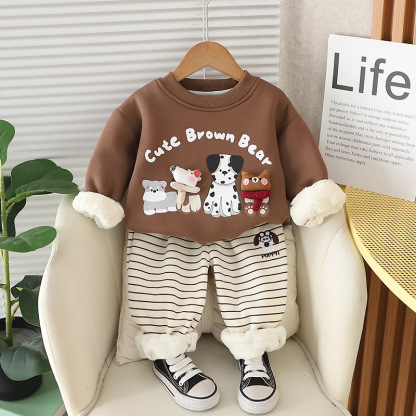 2pcs Baby Boy Cartoon Cute Puppy Padded Sweatshirt Set