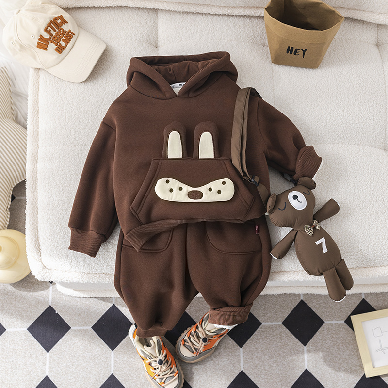 2pcs Baby Boy Padded Hooded Sweatshirt with Knot Bear Dolls Set