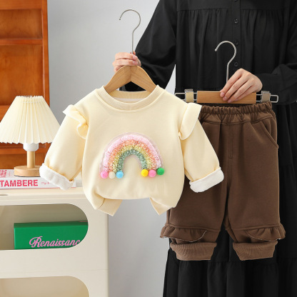 2pcs Baby Girl Thickened Rainbow Patterns Sweatshirt Set
