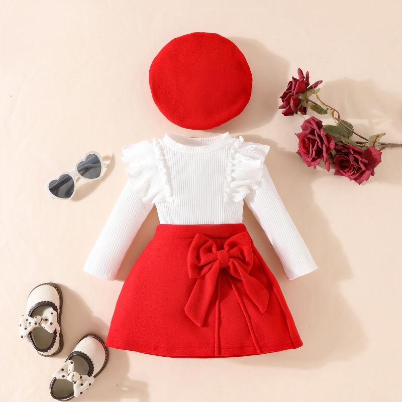 2pcs Baby Girl Pit Stripe Ruffle Long Sleeve Bowknot Padded Half Bodycon Dress With Beret Set