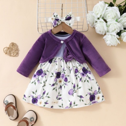 2pcs Baby Girl Plush Jacket Vest Butterfly Dress Set