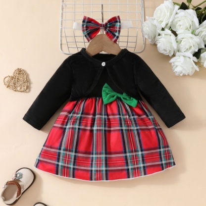 3pcs Baby Girl Plush Long Sleeve Short Jacket + Vest Bow Tie Plaid Dress + Hairband Set