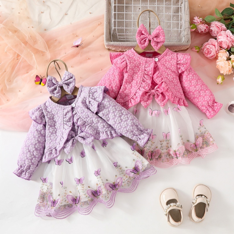 3pcs Baby Girl Ruffled Long Sleeve Jacket + Butterfly Mesh Vest Dress + Hairband Set