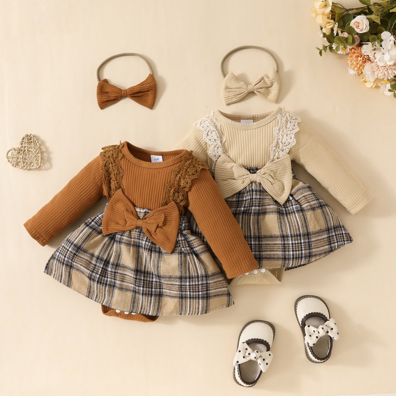 2pcs Baby Girl Long Sleeve Lace Lace Plaid Triangle Bodysuit Autumn and Winter Girls Pit Stripes Bow Tie With Hairband Bodysuit Set