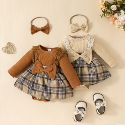 2pcs Baby Girl Long Sleeve Lace Lace Plaid Triangle Bodysuit Autumn and Winter Girls Pit Stripes Bow Tie With Hairband Bodysuit Set