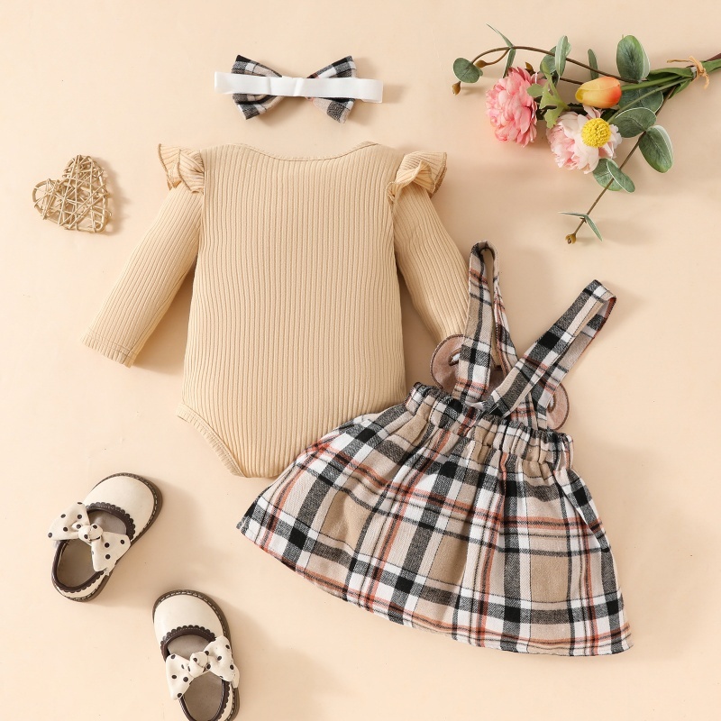 3pcs Baby Girl Pit Stripe Long Sleeve Triangle Bodysuit + Bow Tartan Bear Doll Back Dress + Hairband Set