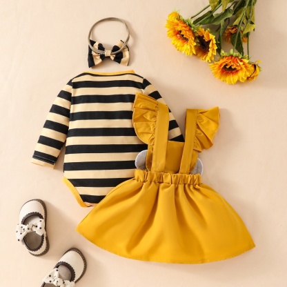 2pcs Cute Bee Striped Long Sleeve Bodysuit + Embroidered Back Dress Set