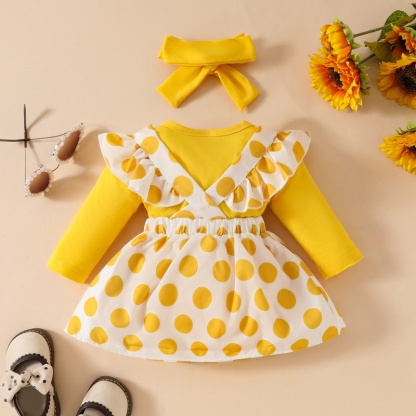 3pcs Solid Long Sleeve Bodysuit  + Cute Bunny Embroidered Ruffle Dot Back Skirt + Hairband Set