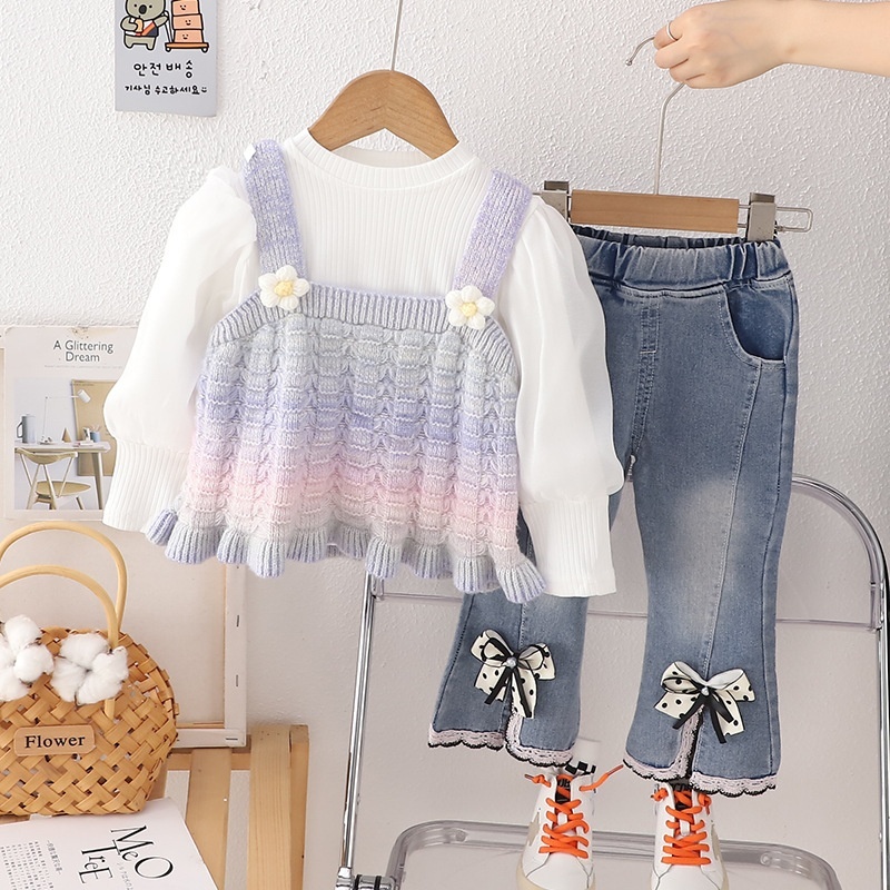 3pcs Baby Girl Rainbow Camisole Sweater + Bubble Sleeve Long Sleeve Top + Jeans Set