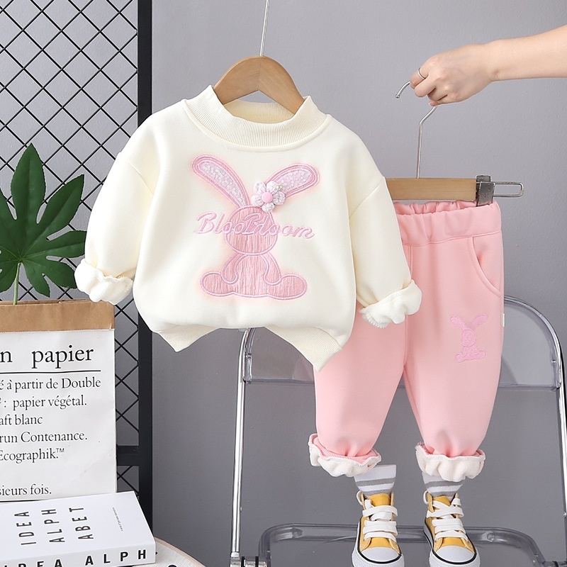 Baby Girl Cute Fluffy Rabbit Padded Fleece Double Layer Long Sleeve Ro