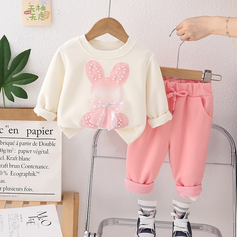 Baby Girl Cute Fluffy Rabbit Padded Fleece Double Layer Long Sleeve Ro
