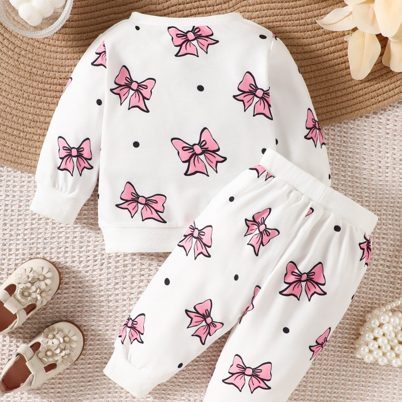 2pcs Baby Girl Bow Printed Round Neck Long Pants Set