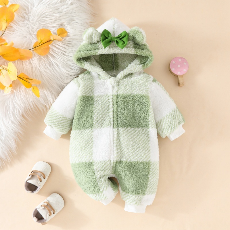 Baby Girl Cute Plaid Thickened Hooded Romper