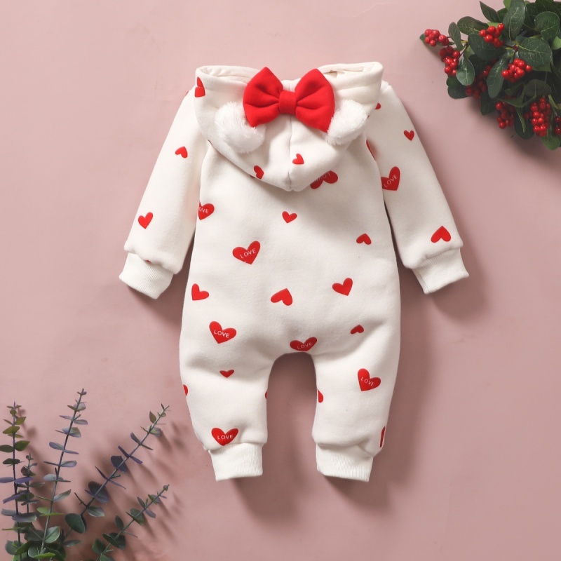 Baby Girl Bow Tie Hooded Long Sleeve Love Print Zip Up Romper