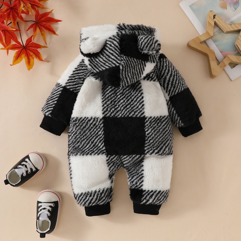 Baby Boy Plaid Thickened Hooded Romper