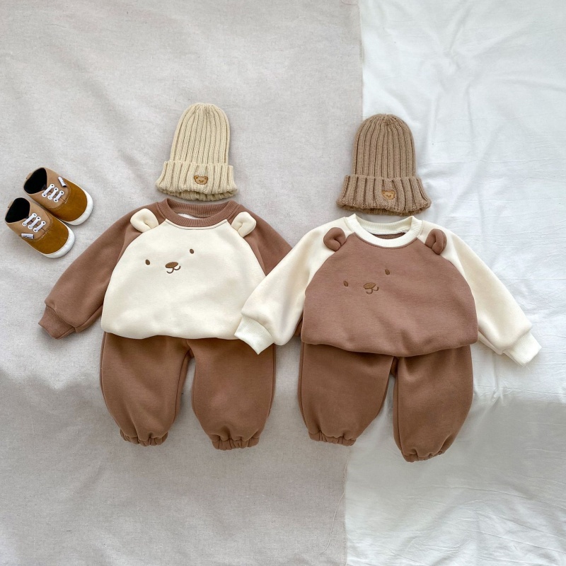 2Pcs Baby Girl/Boy Cartoon Bear Clash Colour Padded Thickened Sweatshirt Set