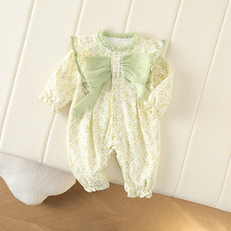 Baby Girl Small Chopped Willow Leaf Embossed Bow Romper