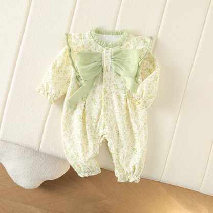 Baby Girl Small Chopped Willow Leaf Embossed Bow Romper