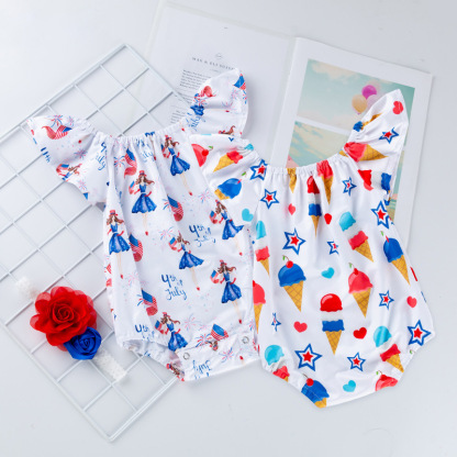 Baby Girl American Independence Day Ice cream Flysleeve Bodysuit