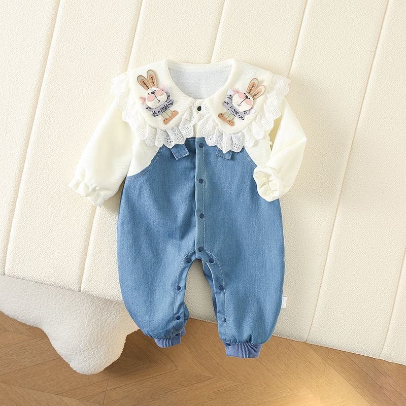 Baby Girl Double Denim Cute Rabbit Baby Doll Neck Romper