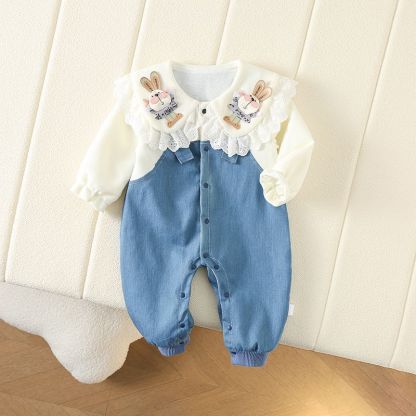 Baby Girl Double Denim Cute Rabbit Baby Doll Neck Romper