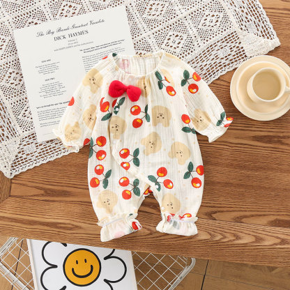 Baby Girl Gauze Bow Tattered Bear Romper