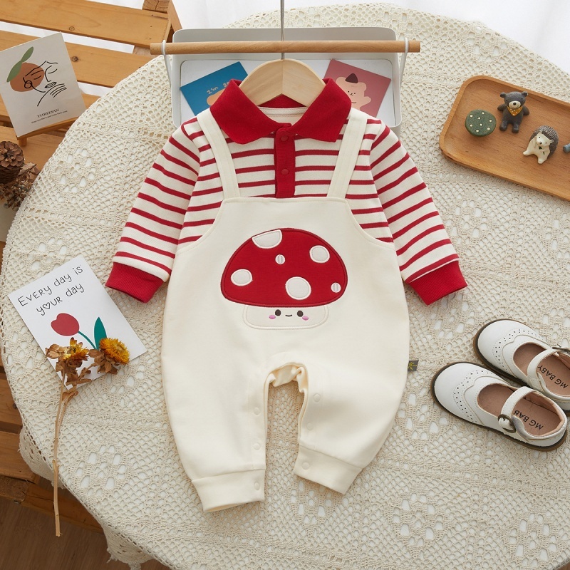 Baby Girl Mushroom False Two Piece Lapel Romper