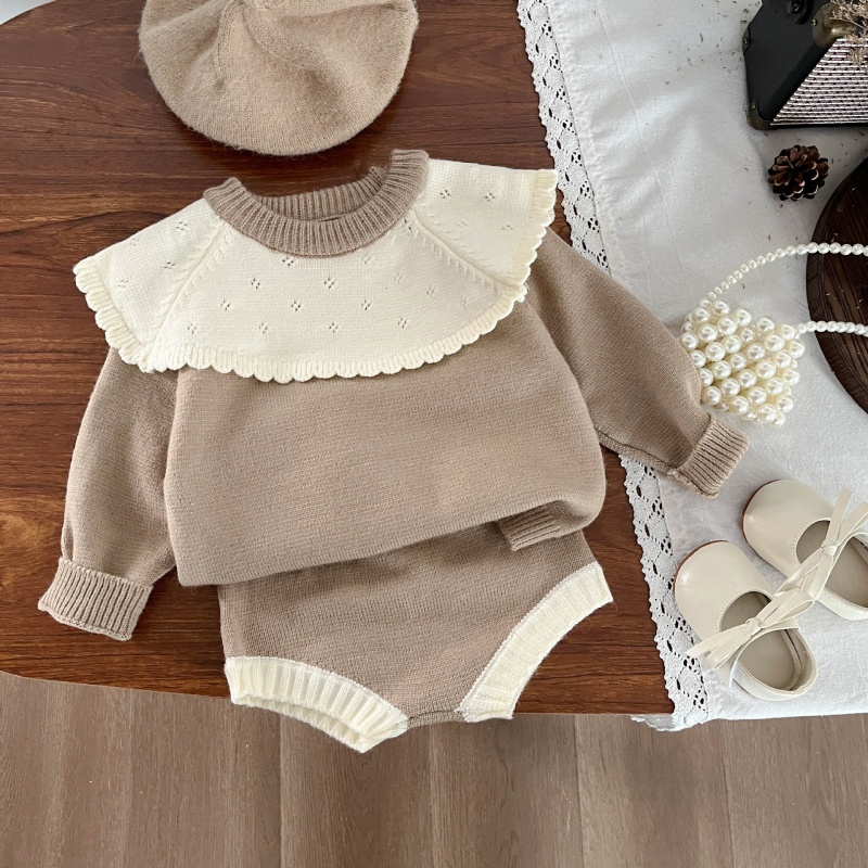 2pcs Baby Girl Knitted Ruffle Collision Colour Hairball Shorts Set