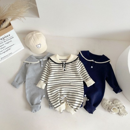 Baby Boy/Girl Knitted Navy Collar Long Sleeve Bodysuit 
