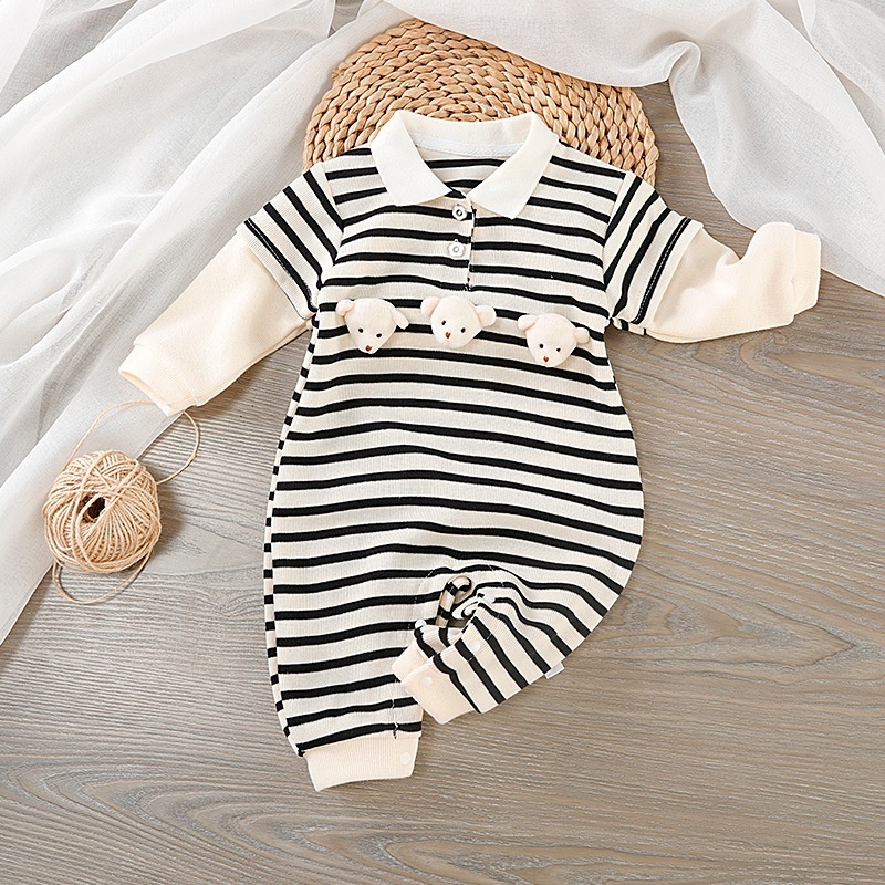 Baby Girl/Boy Cartoon Stripe Lapel Romper