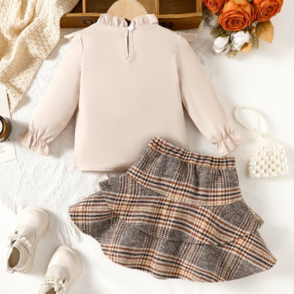 Baby Girl Long Sleeve Bow Lace Shirt Plaid Skirt