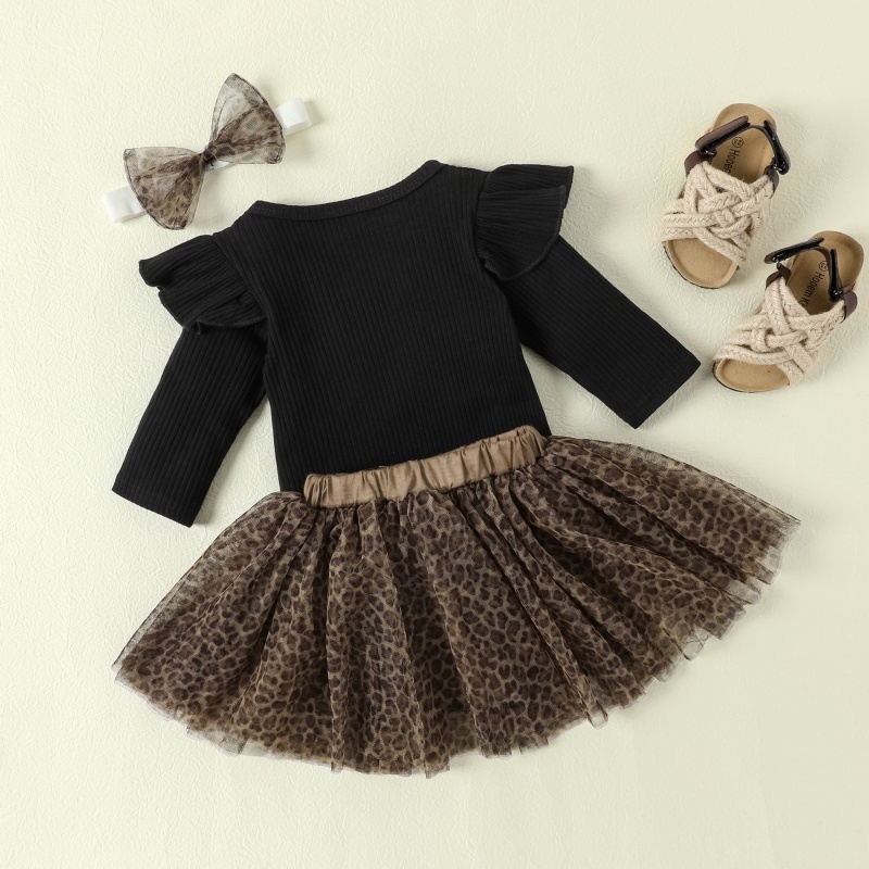 3pcs Baby Girl Solid Colour Pit Stripe Bodysuit + Leopard Print Mesh Skirt + Hairband Set