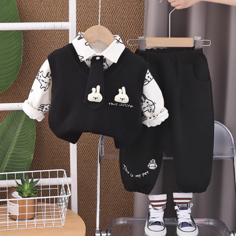 3pcs Baby Girl/Boy Cute Cartoon Thickened Sweater Vest Set