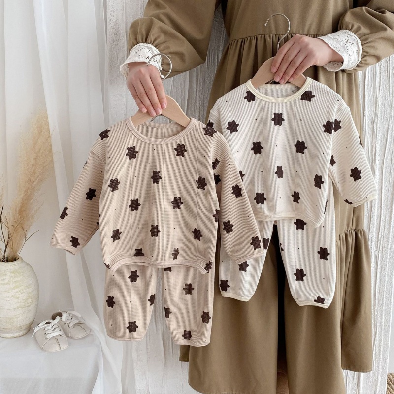 2pcs Baby Girl/Boy Cartoon Bear Waffle Long Sleeve Set
