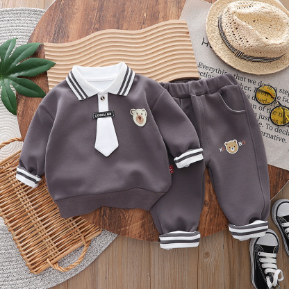 2pcs Baby Boy Bear Collar Sweatshirt Long Sleeve Set