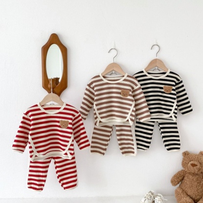 2pcs Baby Girl/Boy Waffle Bear Stripe Long Sleeve Set