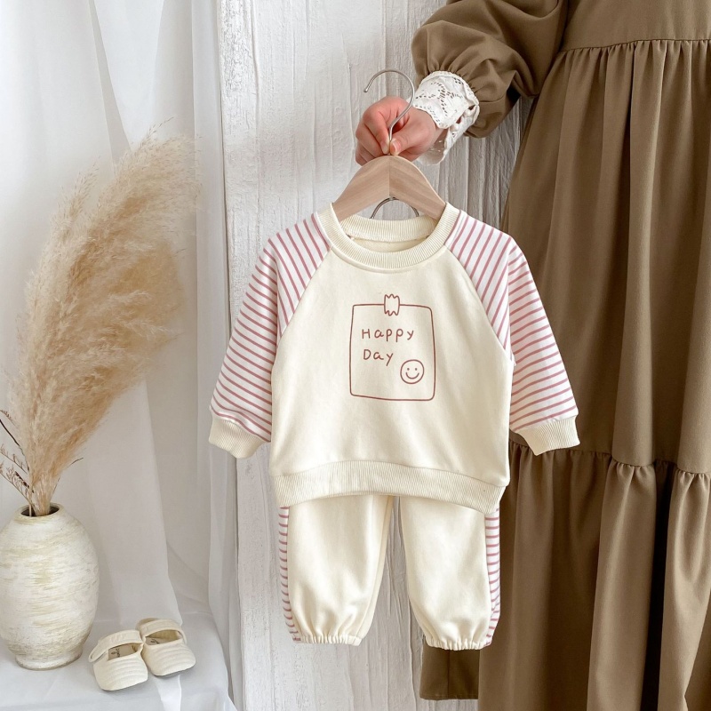 2pcs Baby Girl/Boy Streak Happy Day Sweatshirt Long Sleeve Set