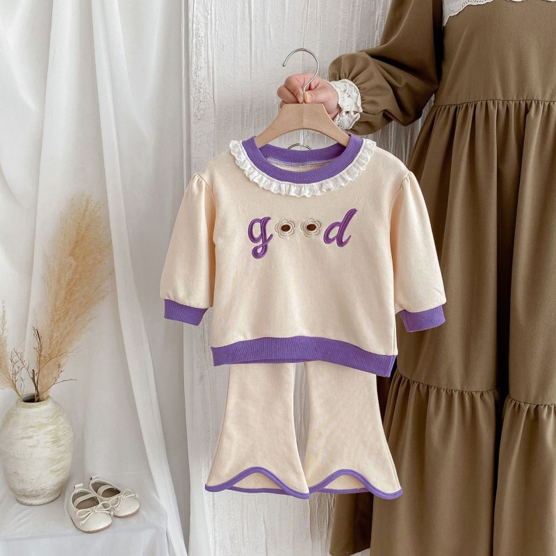 2pcs Baby Girl Lace Crew Neck Top Flared Pants Long Sleeve Set
