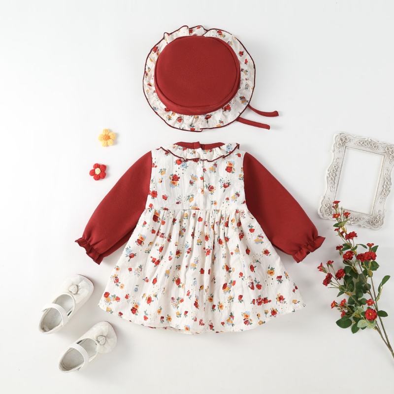 Baby Girl Long Sleeve Fake Two Piece Floral Butterfly Dress with Hat